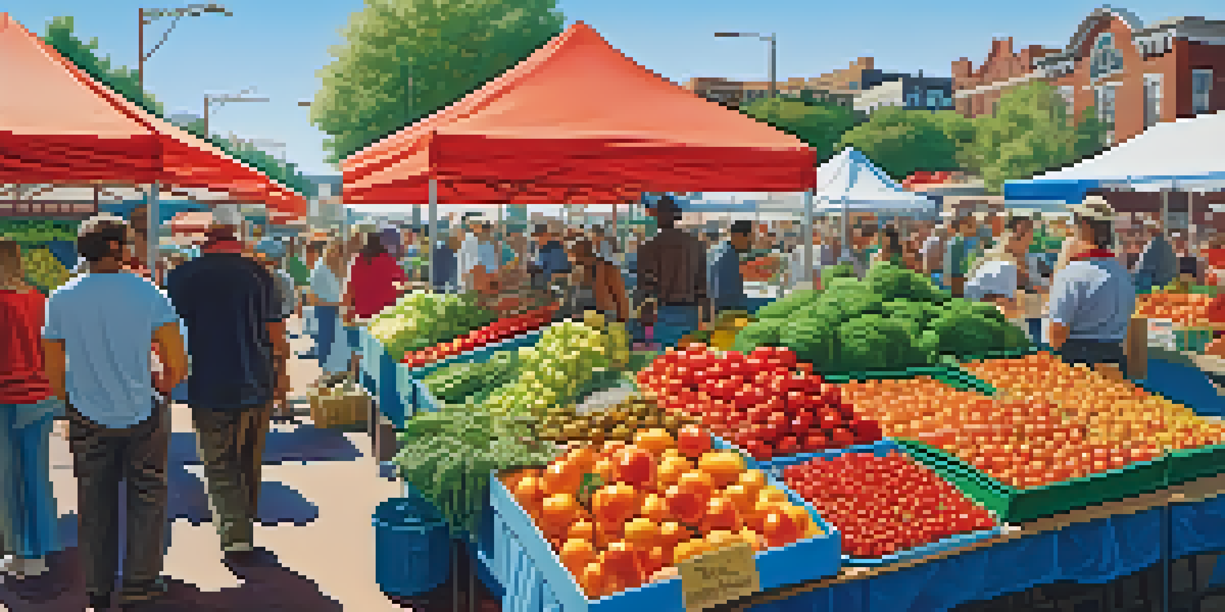A busy farmer's market with colorful fruits and vegetables, featuring diverse people engaged in conversation and shopping.