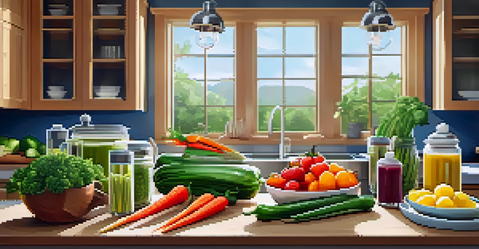 A kitchen countertop with fresh vegetables and meal prep tools, including a food processor and sharp knives, bathed in warm natural light.