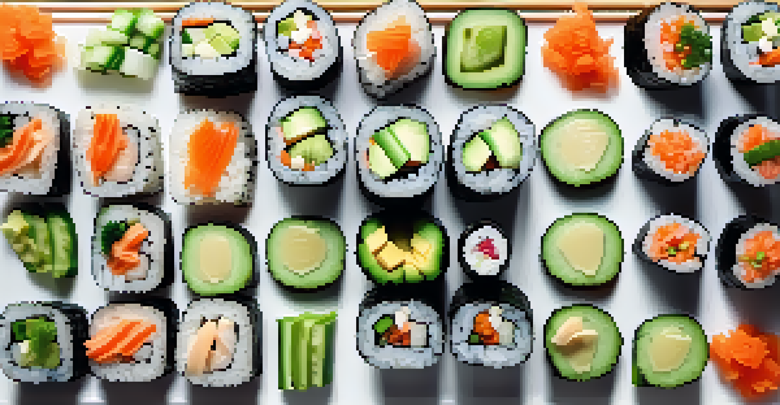 A variety of vibrant vegan sushi rolls filled with vegetables, placed on a bamboo mat with soy sauce and wasabi on the side.