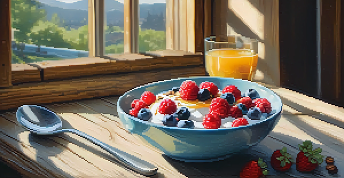 A bowl of coconut yogurt topped with fresh berries and nuts, on a wooden table with sunlight coming through a window.