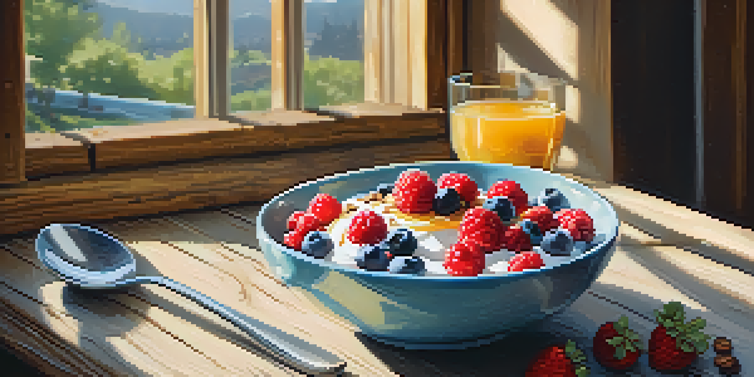 A bowl of coconut yogurt topped with fresh berries and nuts, on a wooden table with sunlight coming through a window.