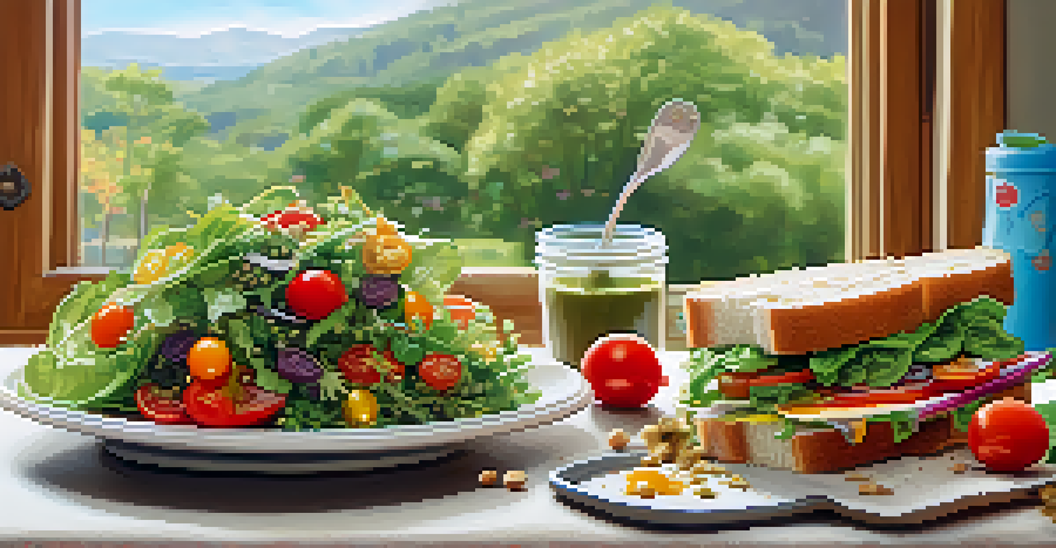 A colorful lunch scene with a salad and nut butter sandwich on a table, decorated with fun plates and bright natural light.