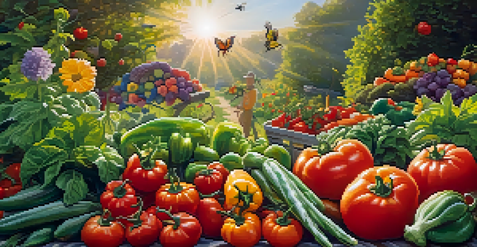 A bright vegetable garden full of colorful vegetables and flowers, with bees and butterflies flying around.