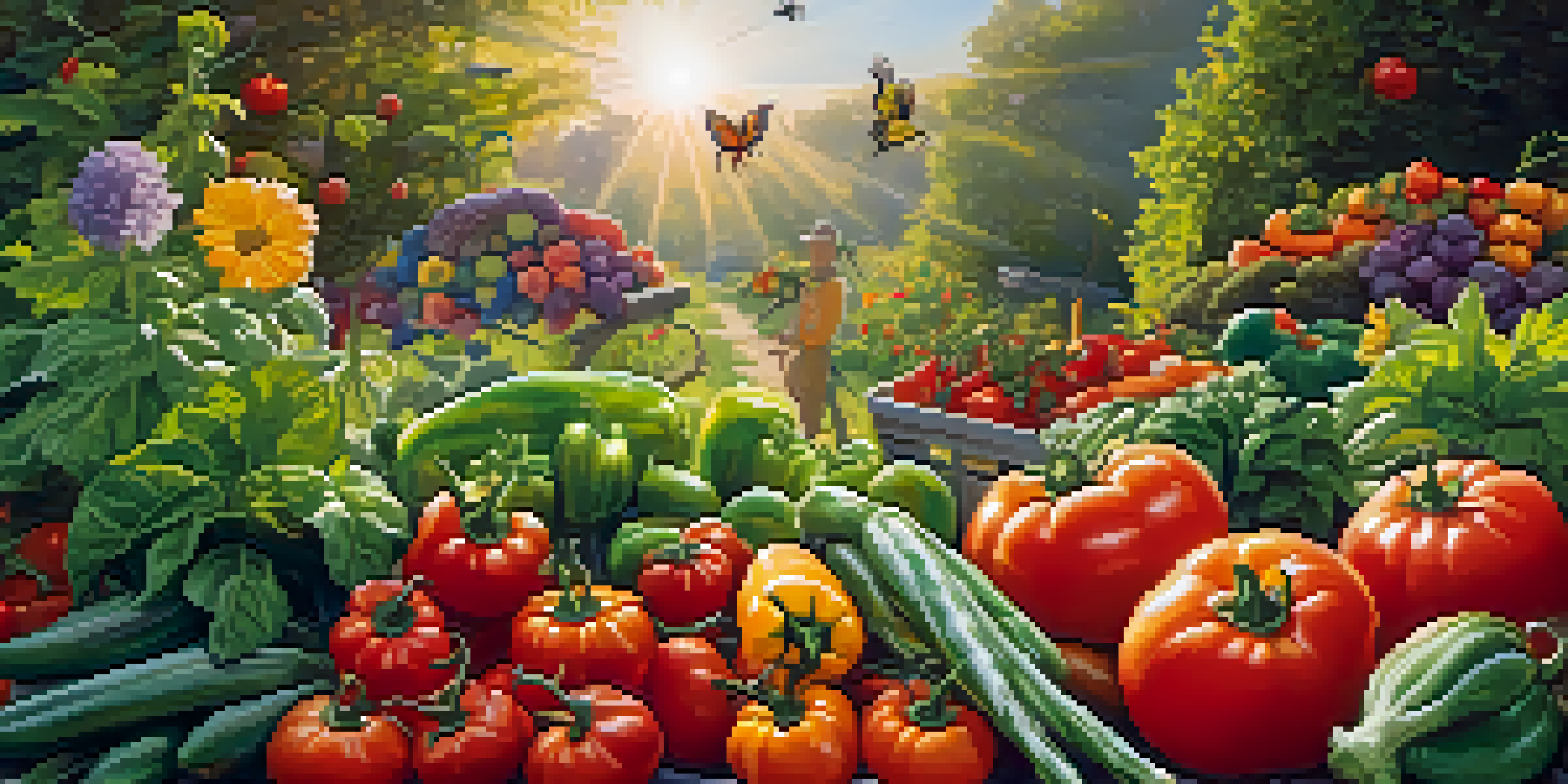 A bright vegetable garden full of colorful vegetables and flowers, with bees and butterflies flying around.