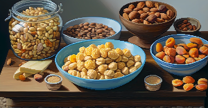 An assortment of vegan snacks including nuts, dried fruits, energy bars, and popcorn displayed on a wooden table with warm natural lighting.