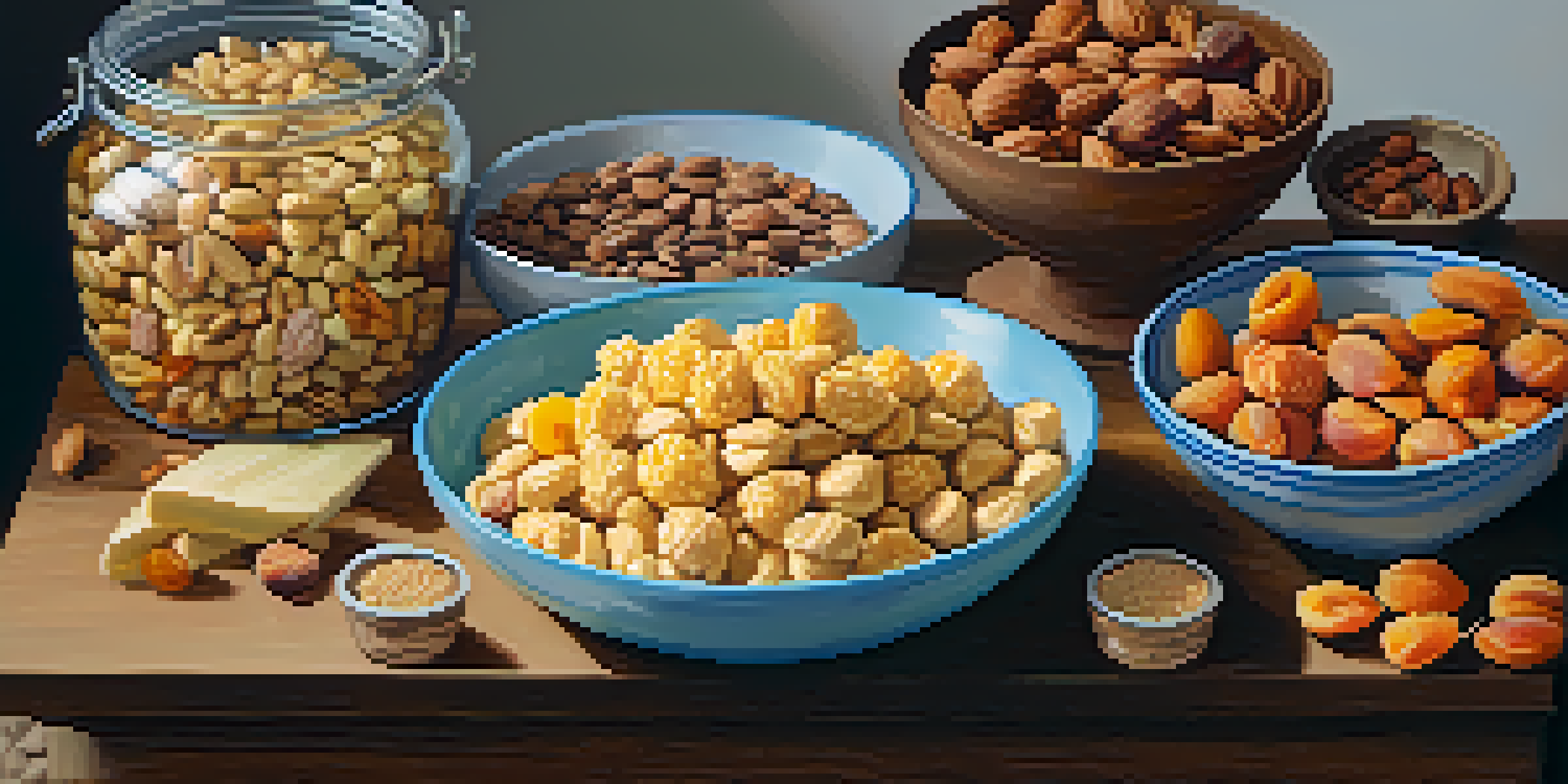 An assortment of vegan snacks including nuts, dried fruits, energy bars, and popcorn displayed on a wooden table with warm natural lighting.