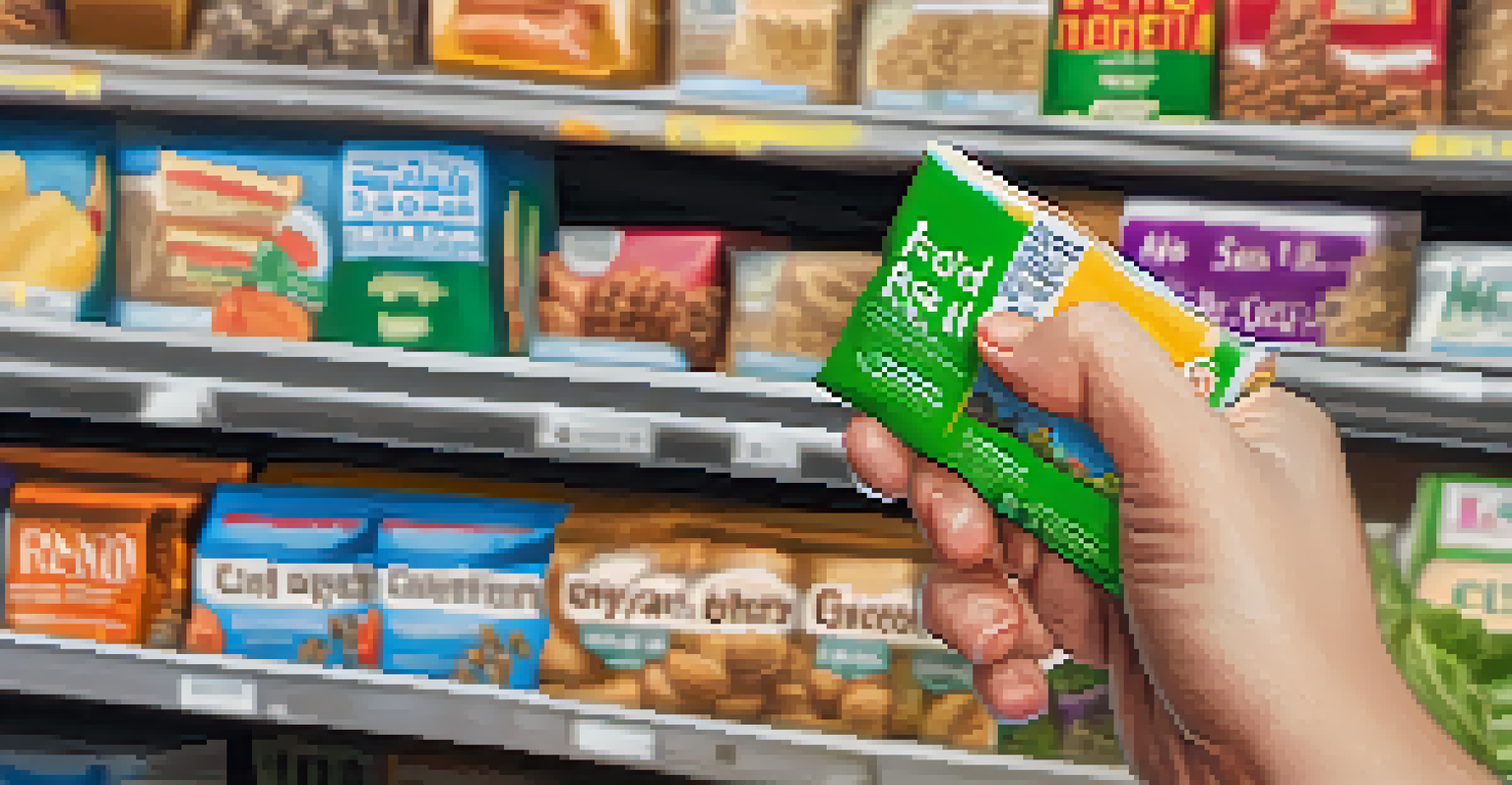 A close-up of a hand inspecting a food label in a grocery store, surrounded by various vegan products on the shelves.