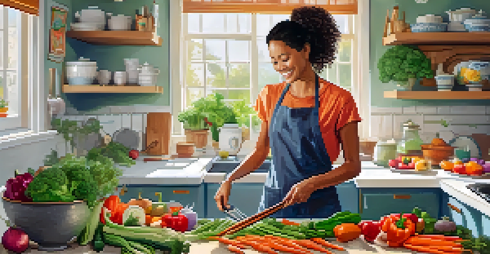 A person chopping fresh vegetables in a sunny kitchen, preparing a vibrant vegan stir-fry with colorful ingredients.