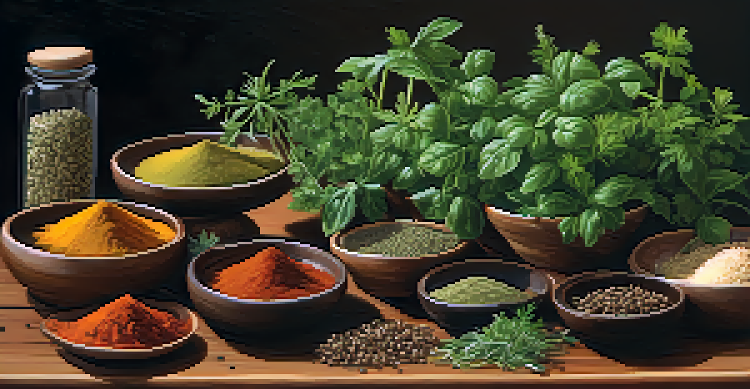An artistic display of fresh herbs and dried spices on a wooden table, illuminated by soft natural light.