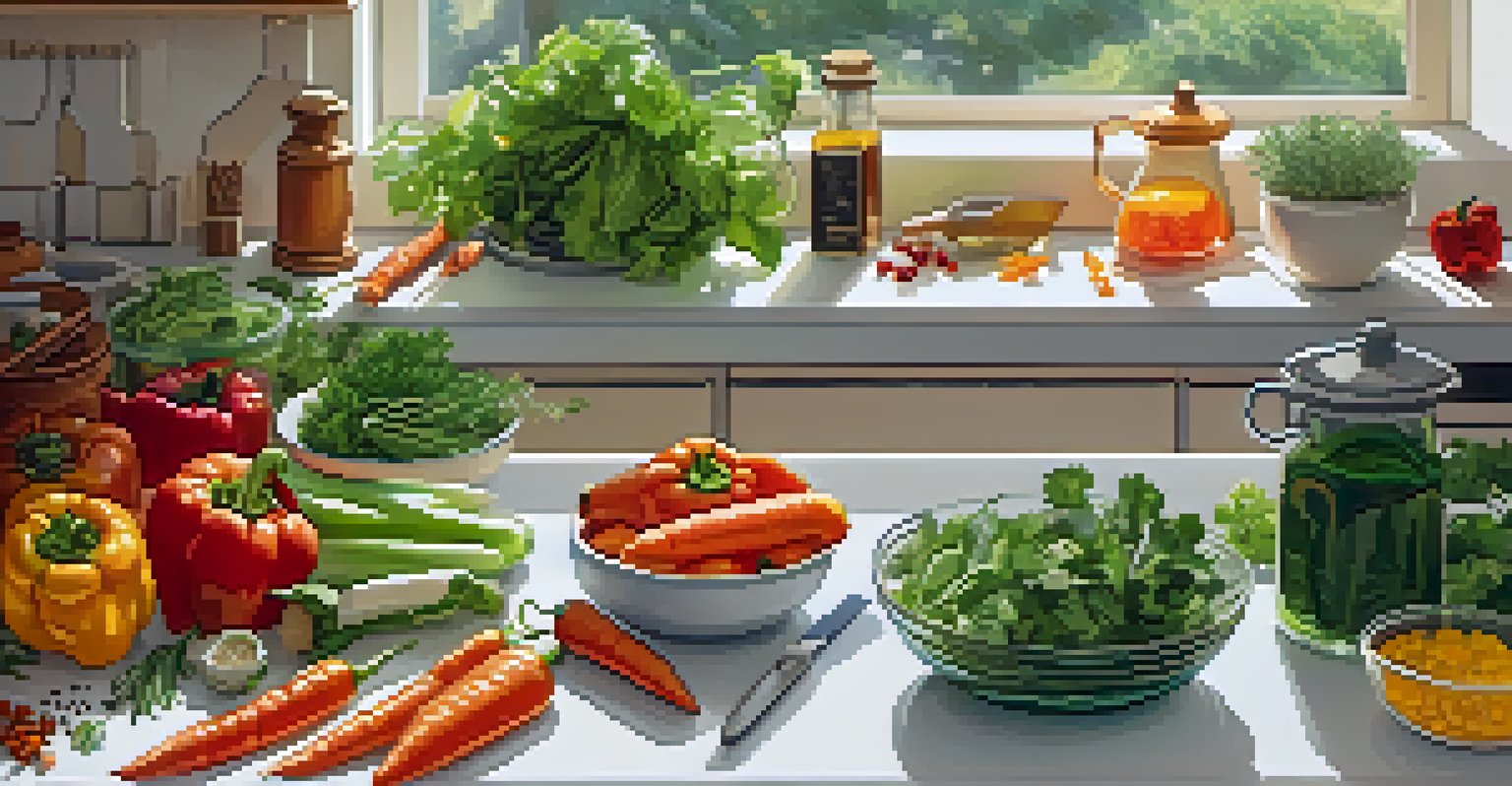 An overhead view of a kitchen counter filled with fresh vegetables, spices, and herbs, illuminated by sunlight.