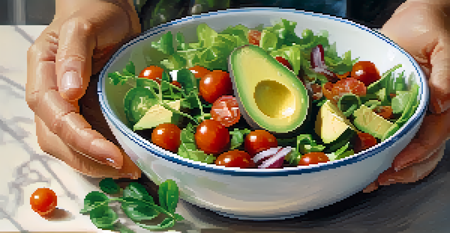 A close-up of a hand holding a bowl of colorful salad with mixed greens, tomatoes, cucumbers, and avocados in a warm kitchen setting.