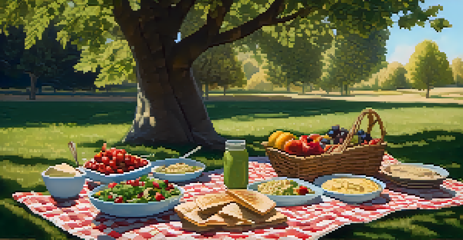 A picnic setup on a grassy area with a checkered blanket, featuring various vegan dishes, surrounded by nature.