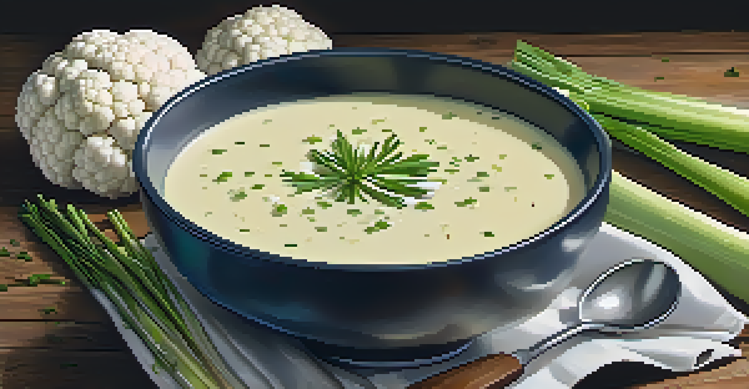 A bowl of creamy cauliflower and leek soup garnished with herbs on a rustic wooden table with fresh leeks and cauliflower in the background.