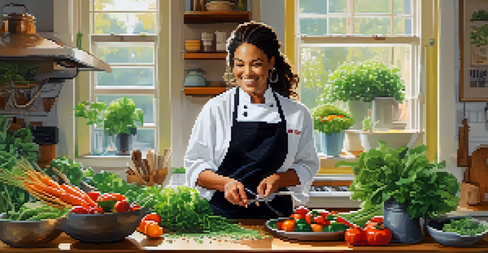 A celebrity chef joyfully preparing a colorful plant-based dish in a bright kitchen, surrounded by fresh vegetables and herbs.
