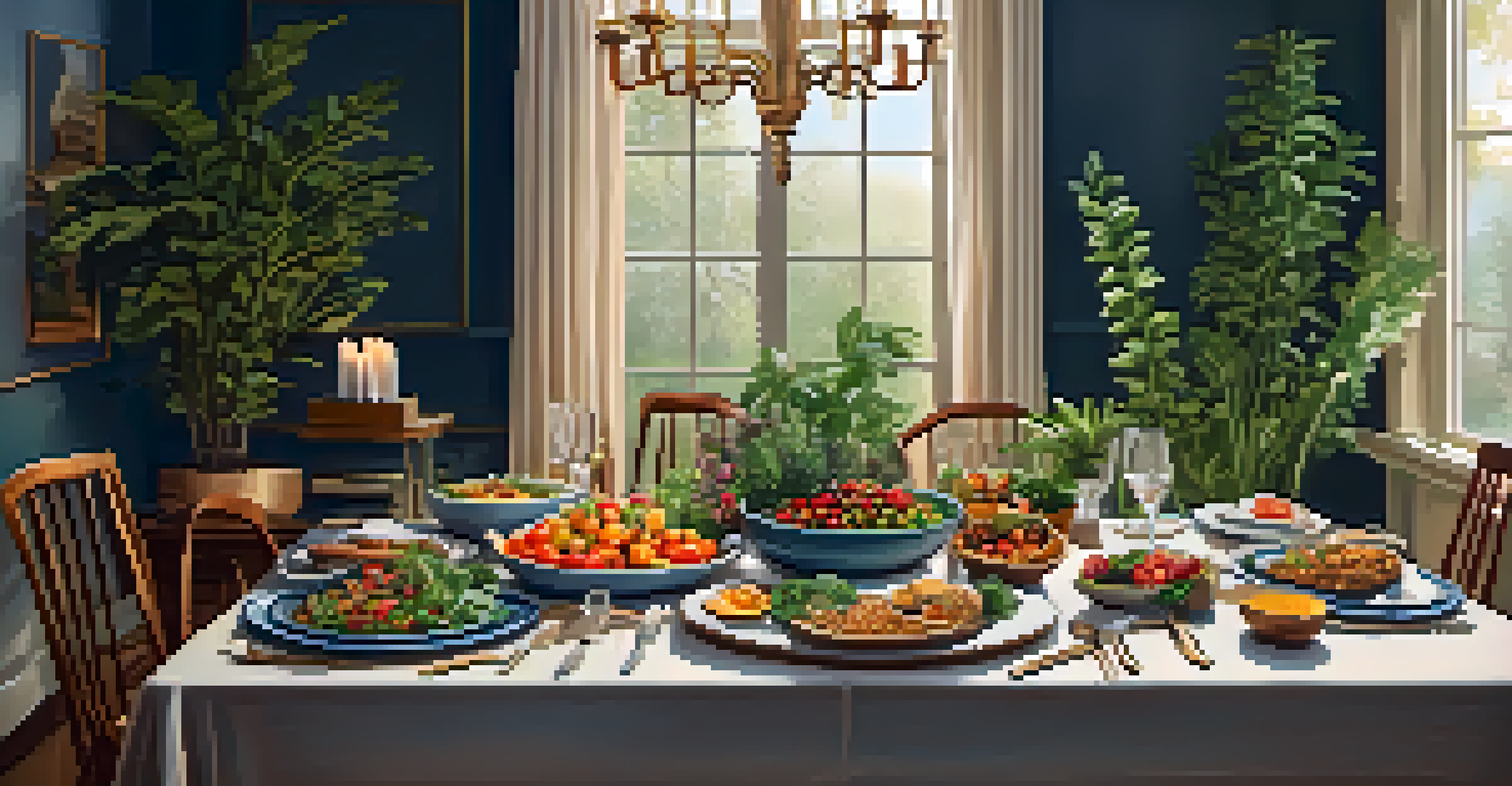 An elegantly set table featuring various vegan dishes, with warm candlelight creating a cozy atmosphere for friends dining together.