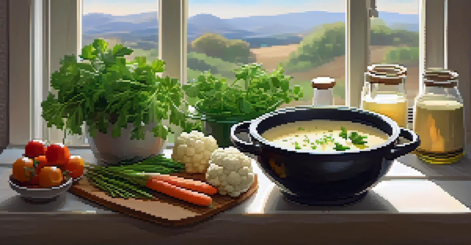 A pot of creamy cauliflower soup on the stove, garnished with herbs, with fresh vegetables in the background.