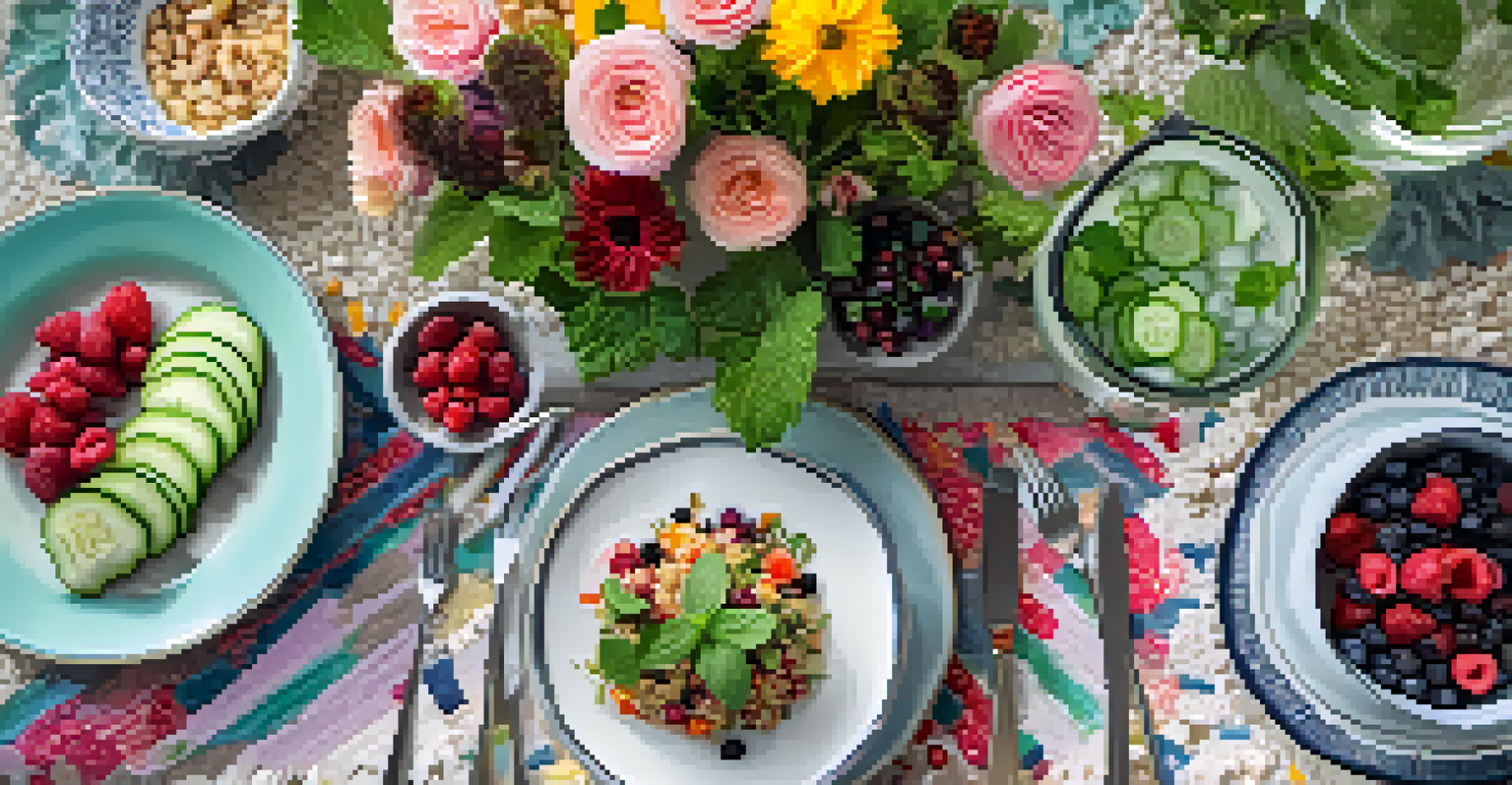 An overhead view of a table filled with healthy vegan dishes and infused water, arranged for a meal.