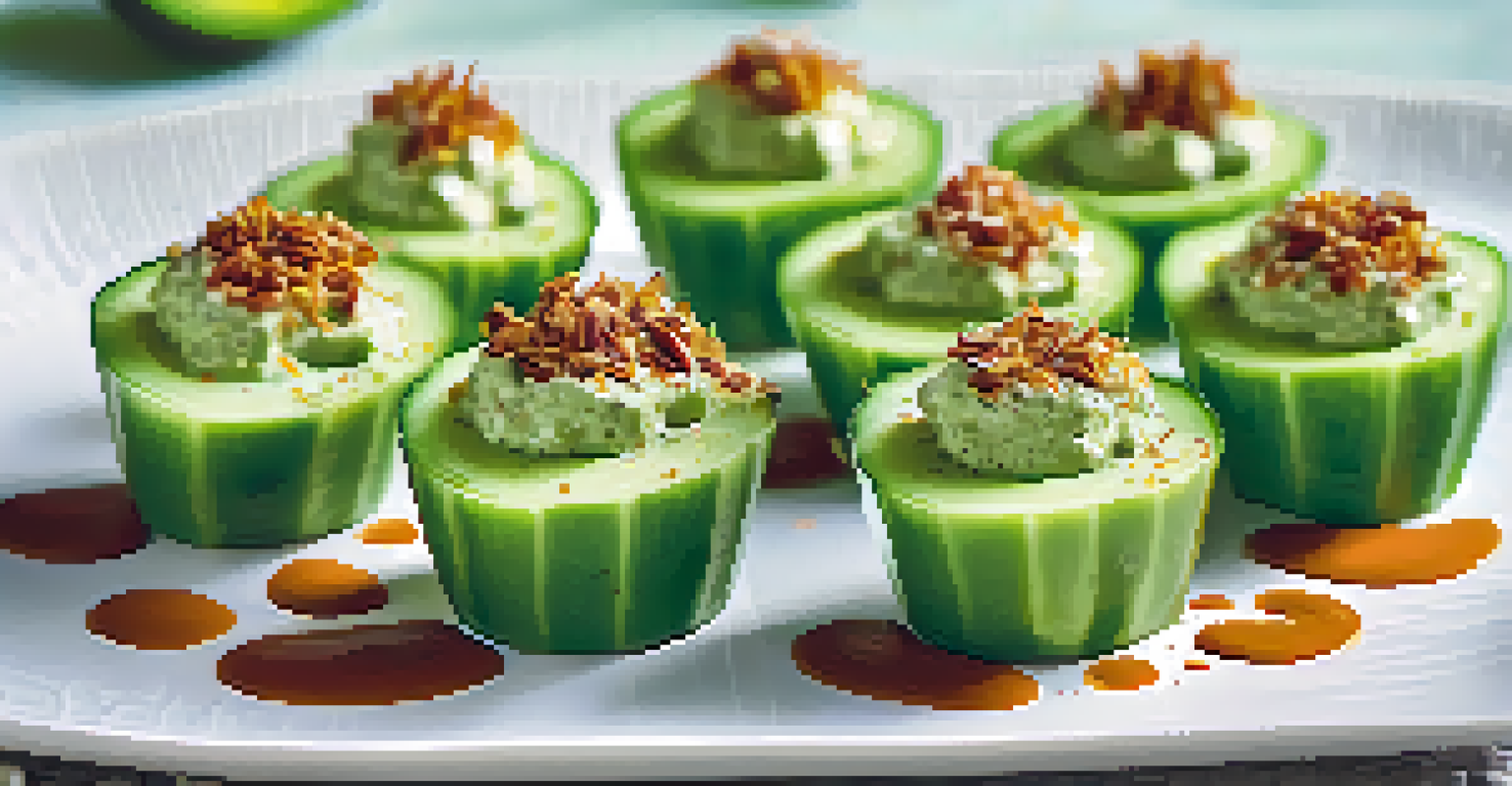 Chilled cucumber cups filled with avocado cream and topped with smoked paprika, elegantly arranged on a white platter.