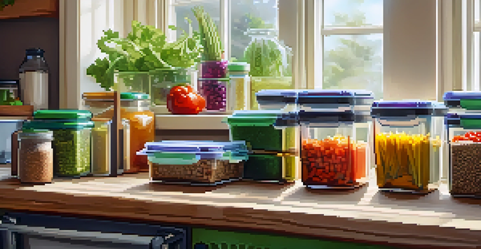 A well-organized vegan meal prep station with colorful containers filled with fresh vegetables, grains, and legumes, illuminated by natural light.