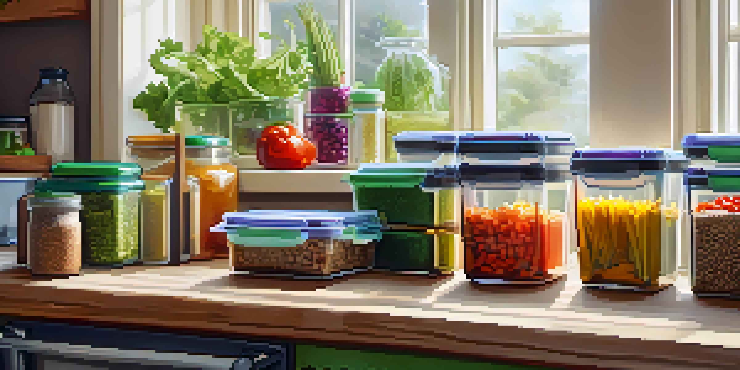 A well-organized vegan meal prep station with colorful containers filled with fresh vegetables, grains, and legumes, illuminated by natural light.