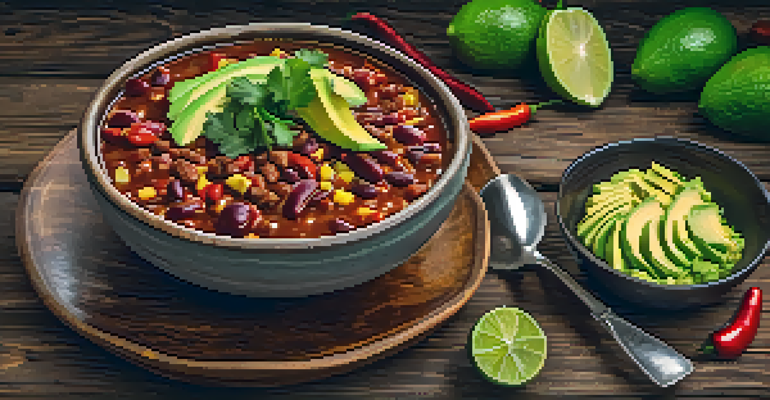 A bowl of vegan chili garnished with avocado and cilantro, accompanied by cornbread and salad on a wooden table.