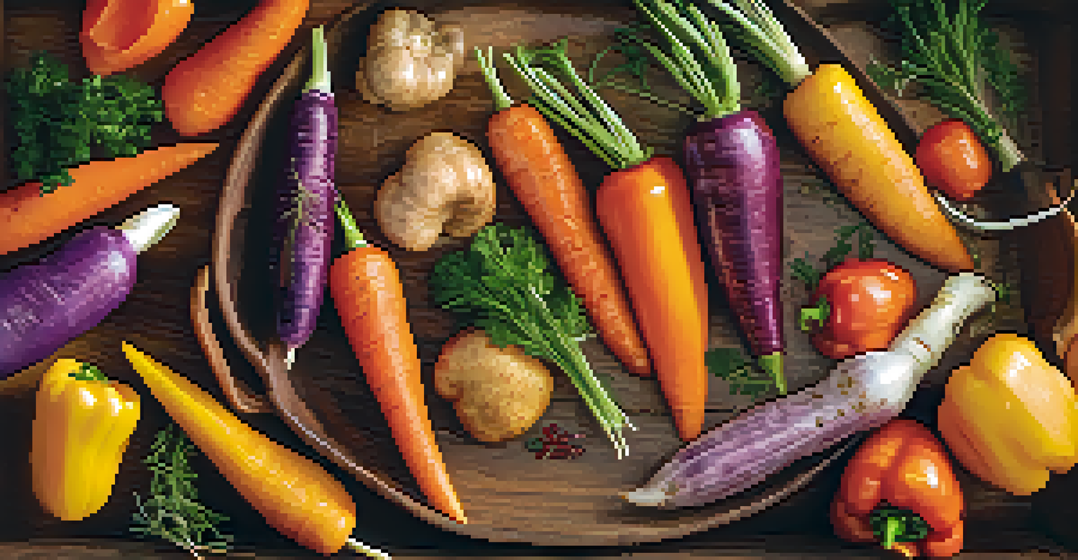 A bowl of colorful roasted vegetables including carrots, sweet potatoes, and bell peppers, arranged in a cozy kitchen setting.