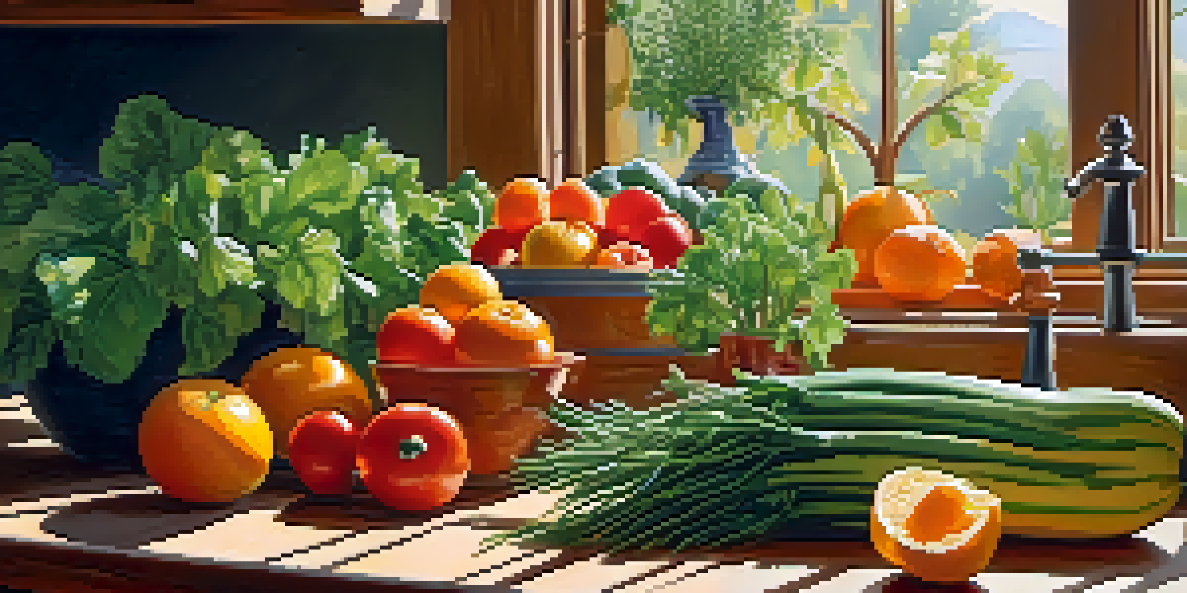 A colorful kitchen with fresh fruits and vegetables on a wooden countertop, illuminated by sunlight, featuring chia seeds and flaxseed oil.