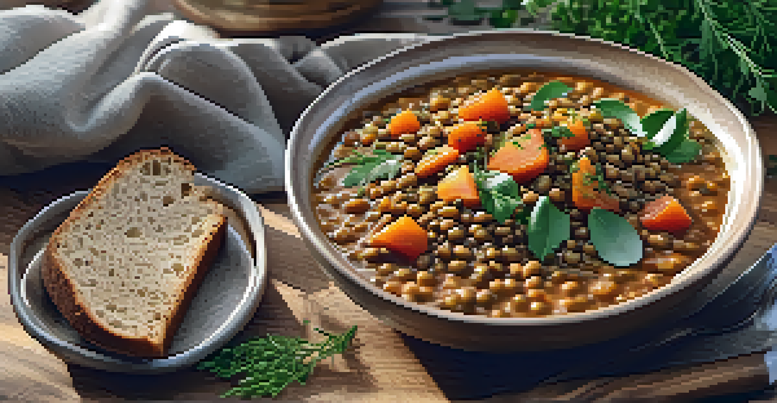 A rustic bowl of lentil stew placed on a wooden table, garnished with fresh herbs, alongside a slice of whole grain bread.