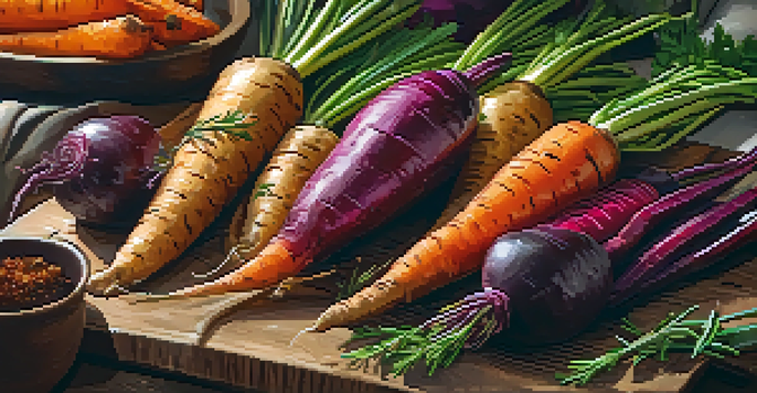 A beautifully arranged vegan roast with colorful roasted root vegetables on a wooden platter, illuminated by warm natural light.