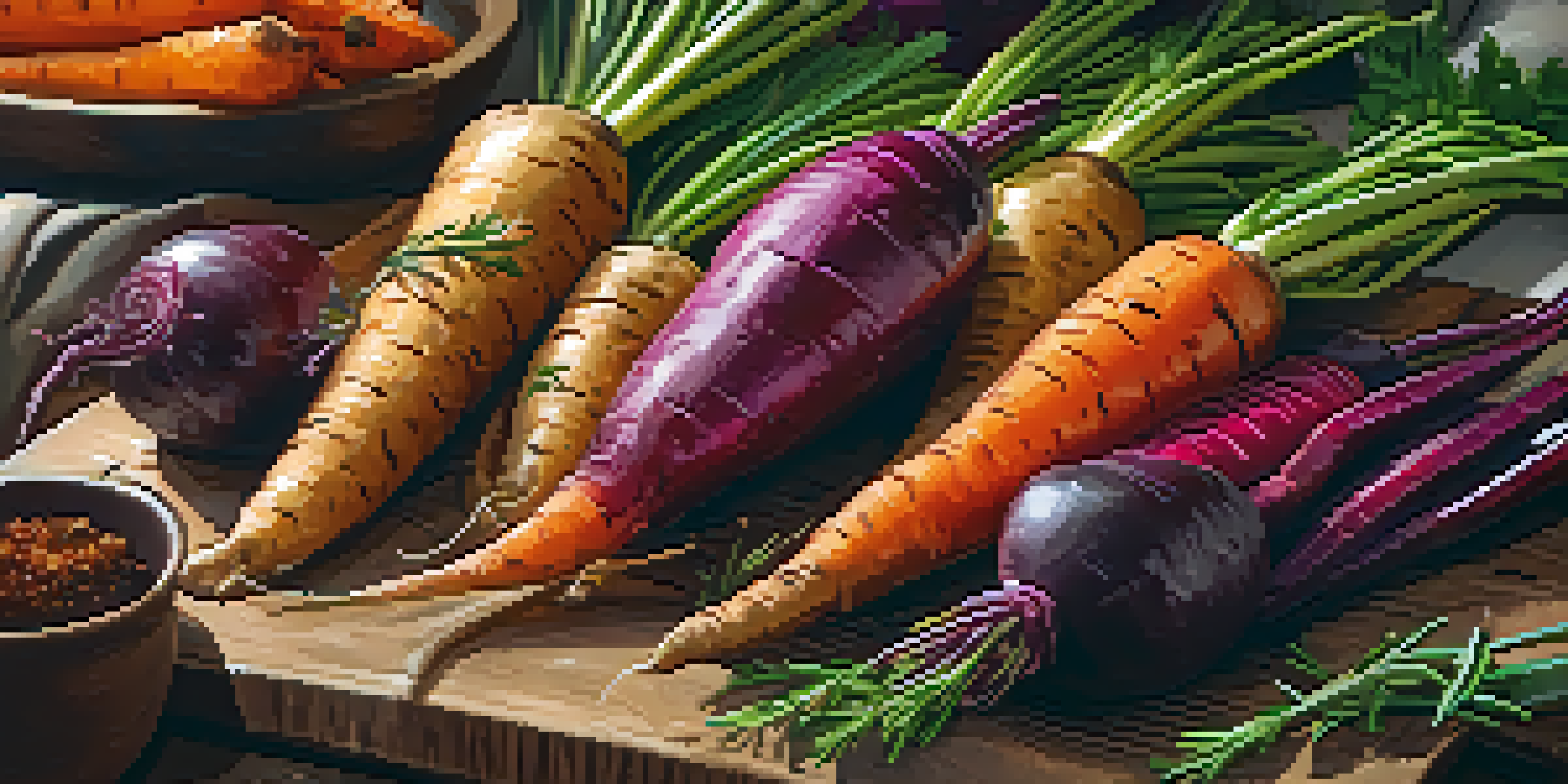 A beautifully arranged vegan roast with colorful roasted root vegetables on a wooden platter, illuminated by warm natural light.