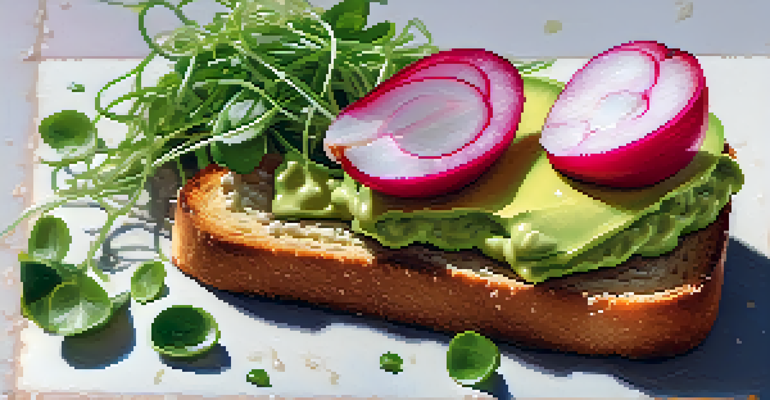 Close-up of an avocado spread on toast with radishes and microgreens, emphasizing textures in soft sunlight.
