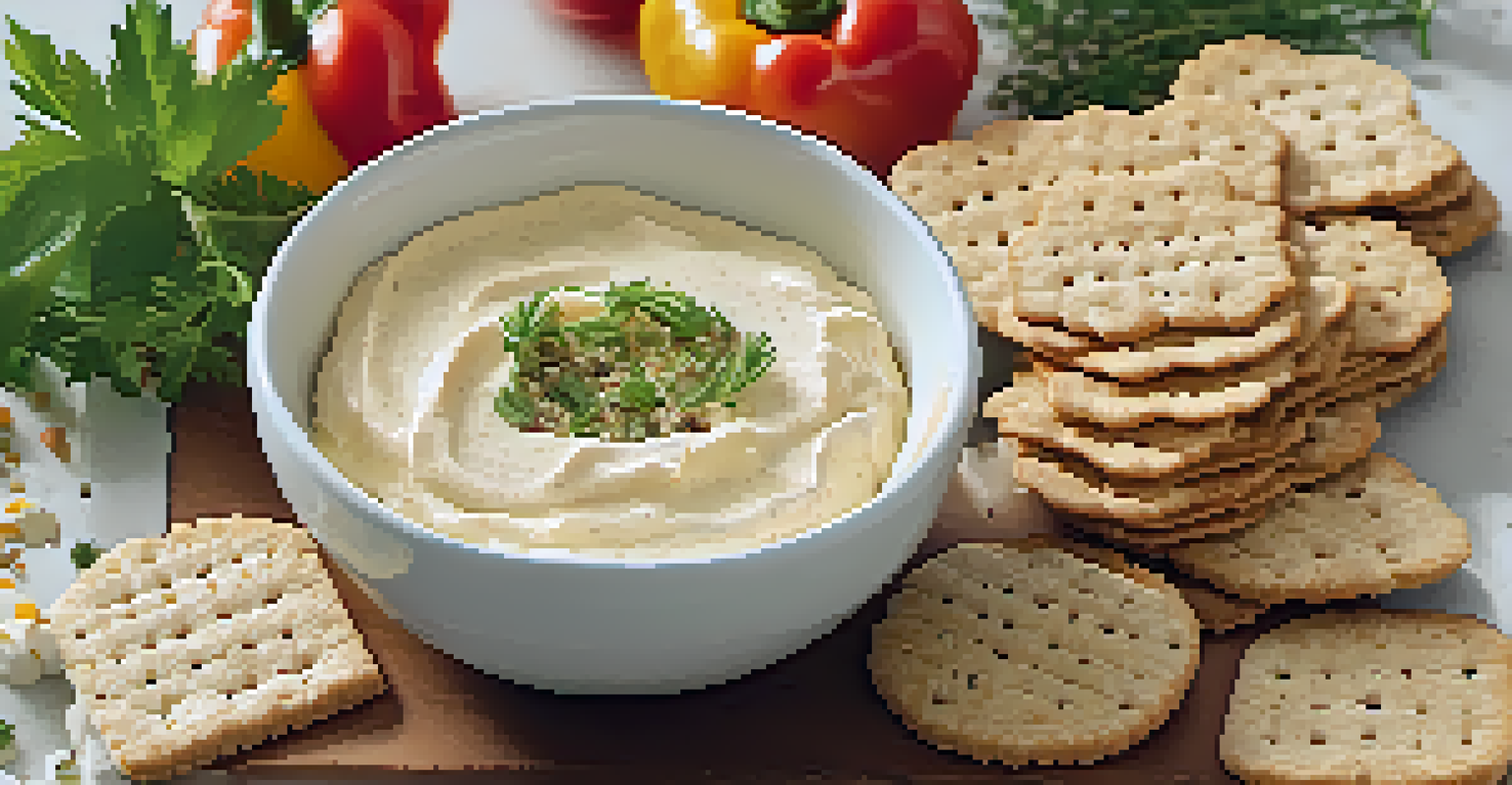 A close-up of creamy cashew cheese spread with herbs and paprika, surrounded by crackers and bell pepper strips.