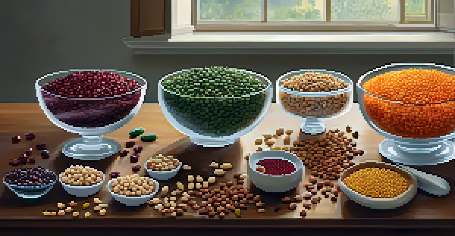 Legumes displayed in clear bowls, including lentils and chickpeas, with nuts and seeds scattered around on a rustic kitchen table.