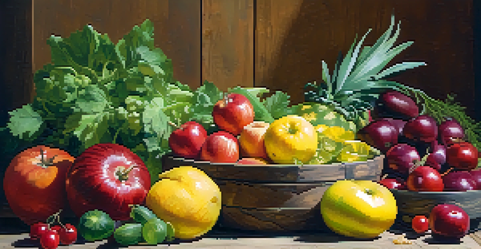 A colorful display of fresh fruits and vegetables on a wooden table, illuminated by soft light.