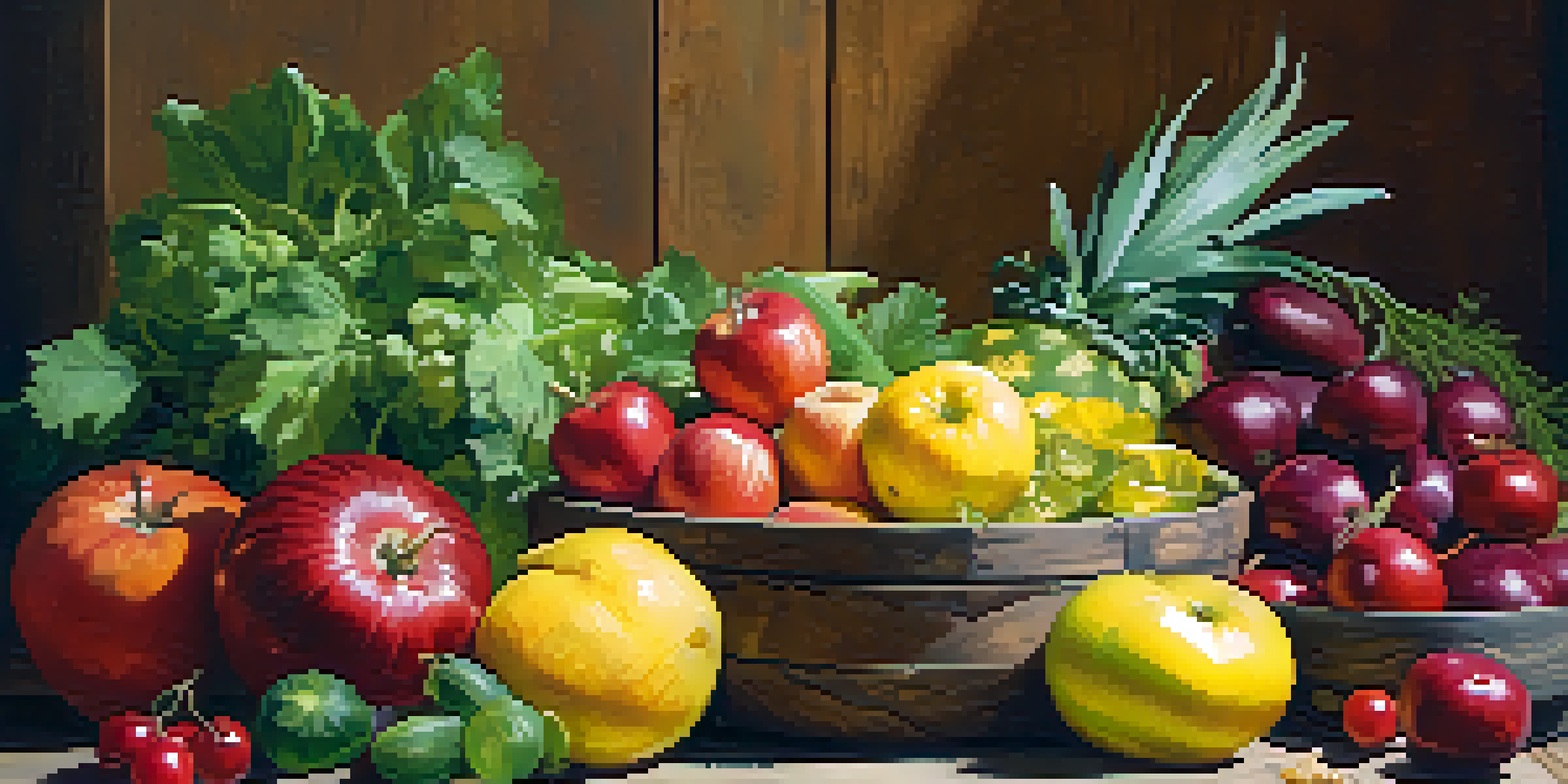 A colorful display of fresh fruits and vegetables on a wooden table, illuminated by soft light.