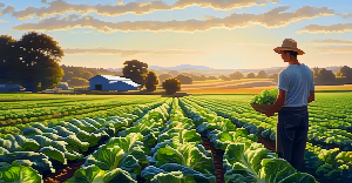 A farmer tending to a vibrant farm field filled with green vegetables and grains under a clear blue sky.