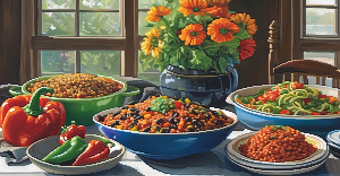 A beautifully arranged table showcasing colorful vegan dishes for a family gathering, featuring stuffed bell peppers, creamy pasta, and hearty chili, illuminated by natural light.