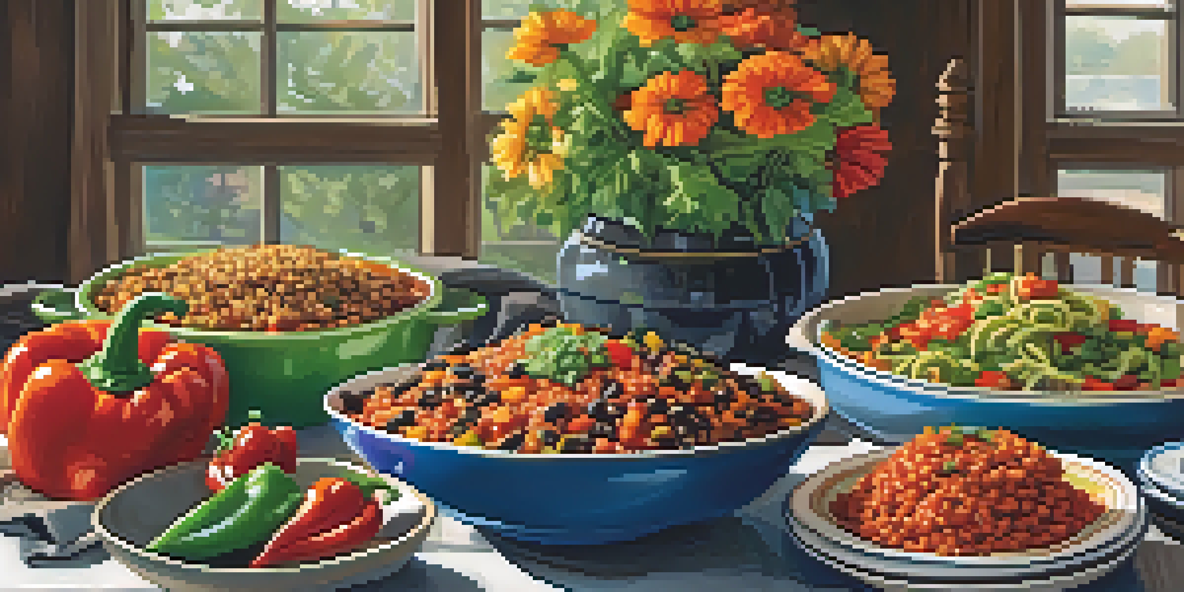 A beautifully arranged table showcasing colorful vegan dishes for a family gathering, featuring stuffed bell peppers, creamy pasta, and hearty chili, illuminated by natural light.
