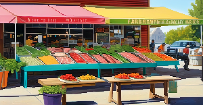 A bustling farmer's market with colorful plant-based meat products and fresh vegetables under warm sunlight.