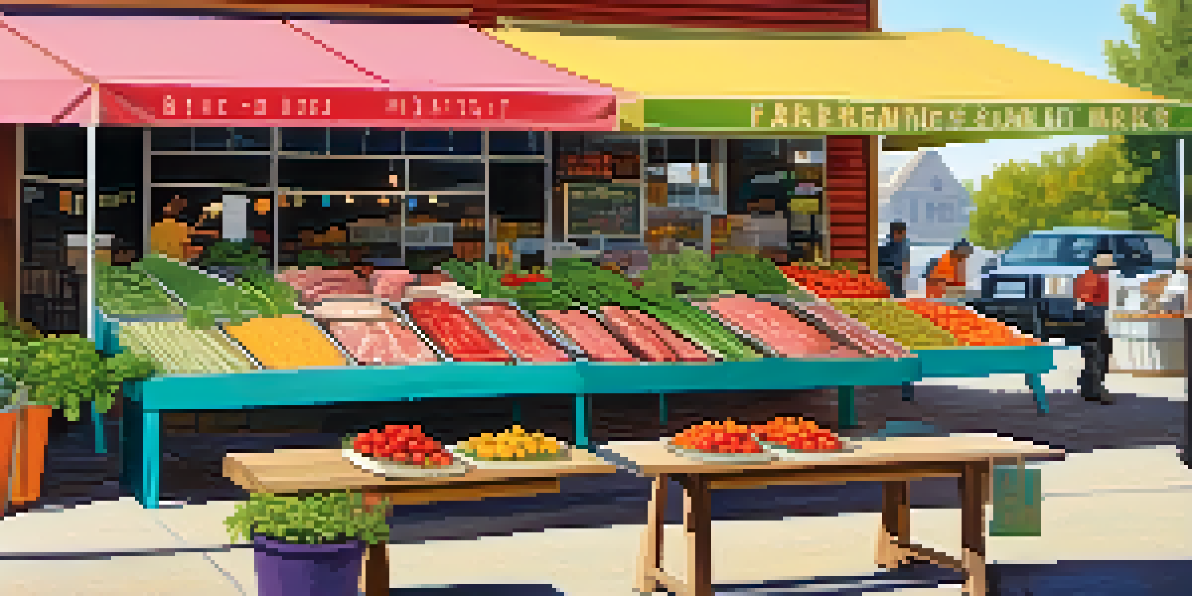 A bustling farmer's market with colorful plant-based meat products and fresh vegetables under warm sunlight.