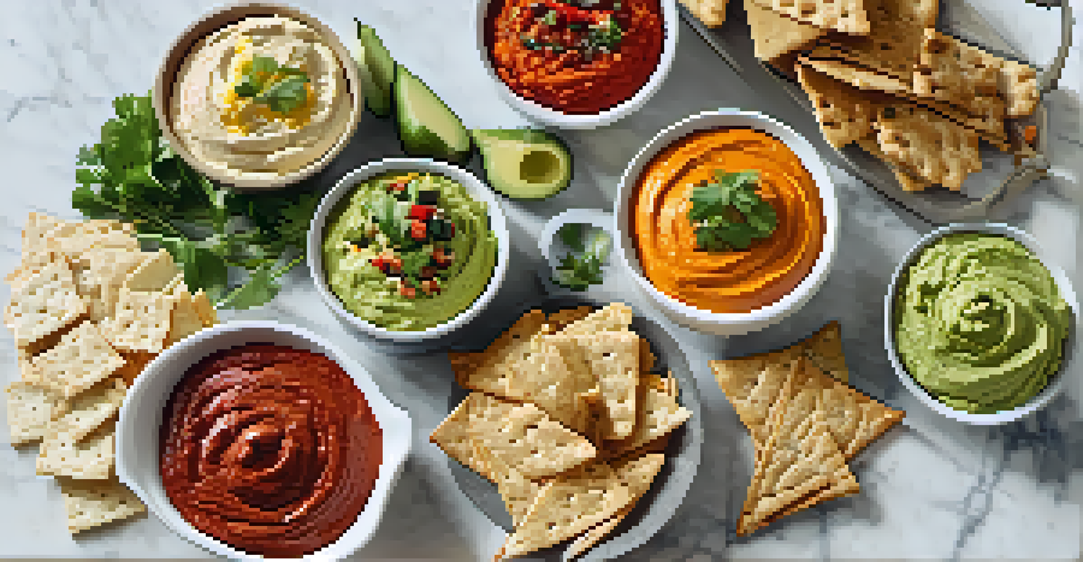 An assortment of vegan dips including hummus and guacamole, with fresh vegetable sticks and pita chips on a marble countertop.