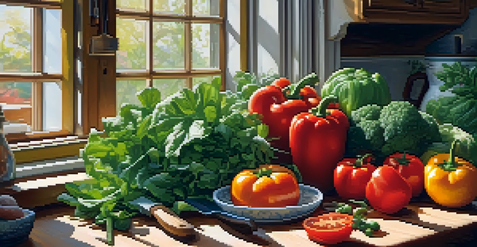 A bright and inviting vegan kitchen with fresh vegetables on a wooden countertop, sunlight streaming through a window.