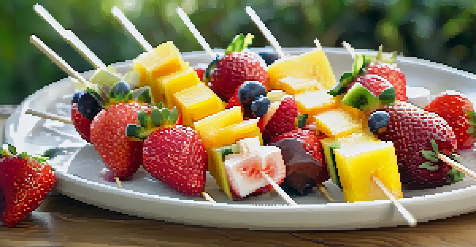 A plate of colorful vegan fruit skewers with strawberries, pineapple, and melon, drizzled with chocolate.