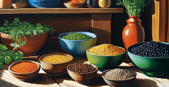 A rustic kitchen table with colorful bowls of various legumes, fresh herbs, and vegetables, illuminated by natural light.