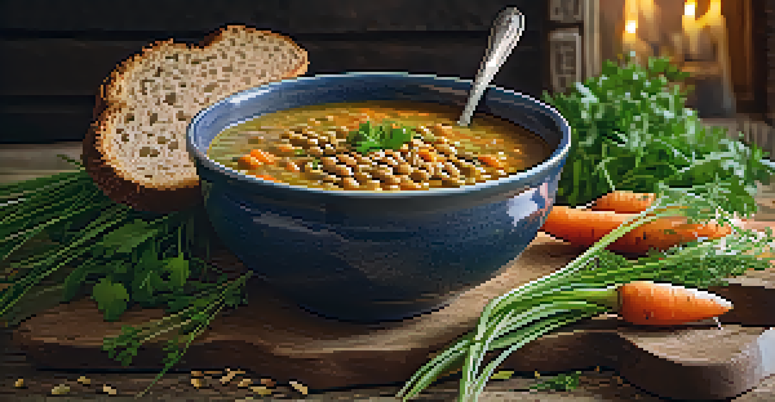 A rustic bowl of hearty lentil soup with carrots and herbs, served with whole grain bread on a wooden table, in a warm and cozy setting.