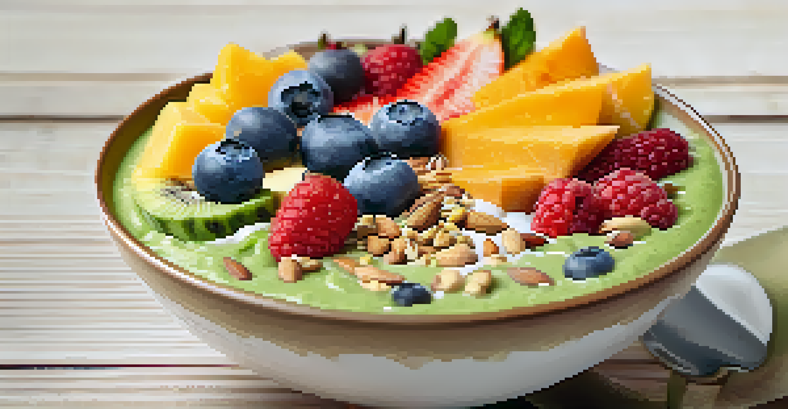 A close-up of a smoothie bowl with fresh fruits, nuts, and seeds, topped with vegan probiotic powder on a light wooden table.