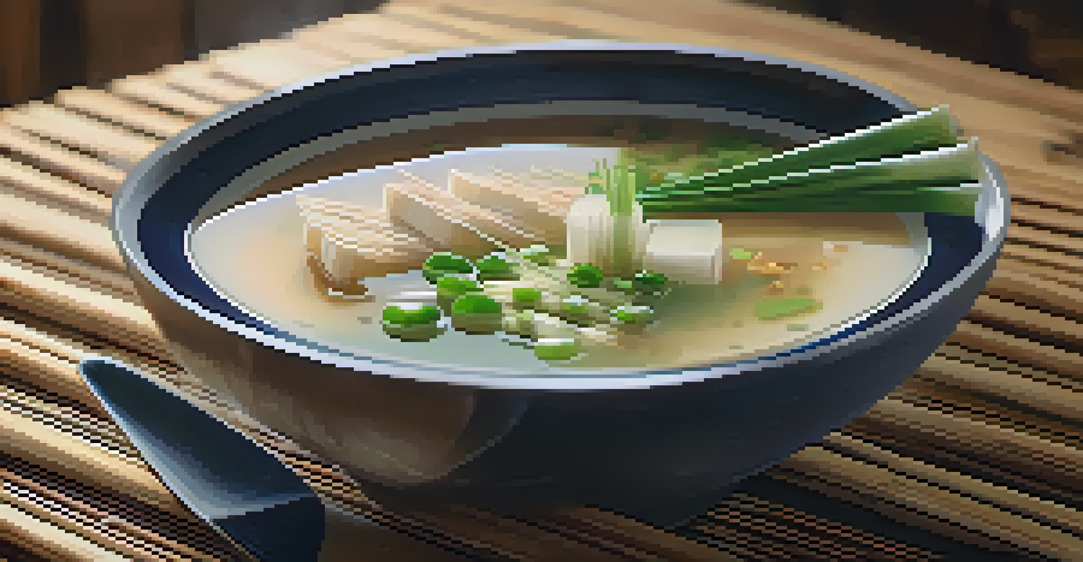 A close-up of a bowl of miso soup with chicory root and green onions, set on a wooden table with a bamboo mat and chopsticks.