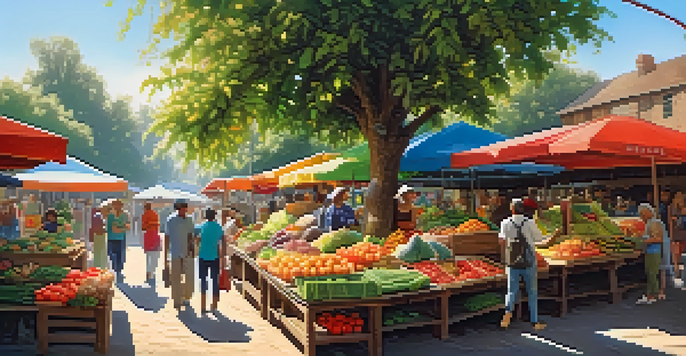 A bustling market filled with colorful fruits and vegetables, with diverse individuals enjoying plant-based foods in a sunlit environment.