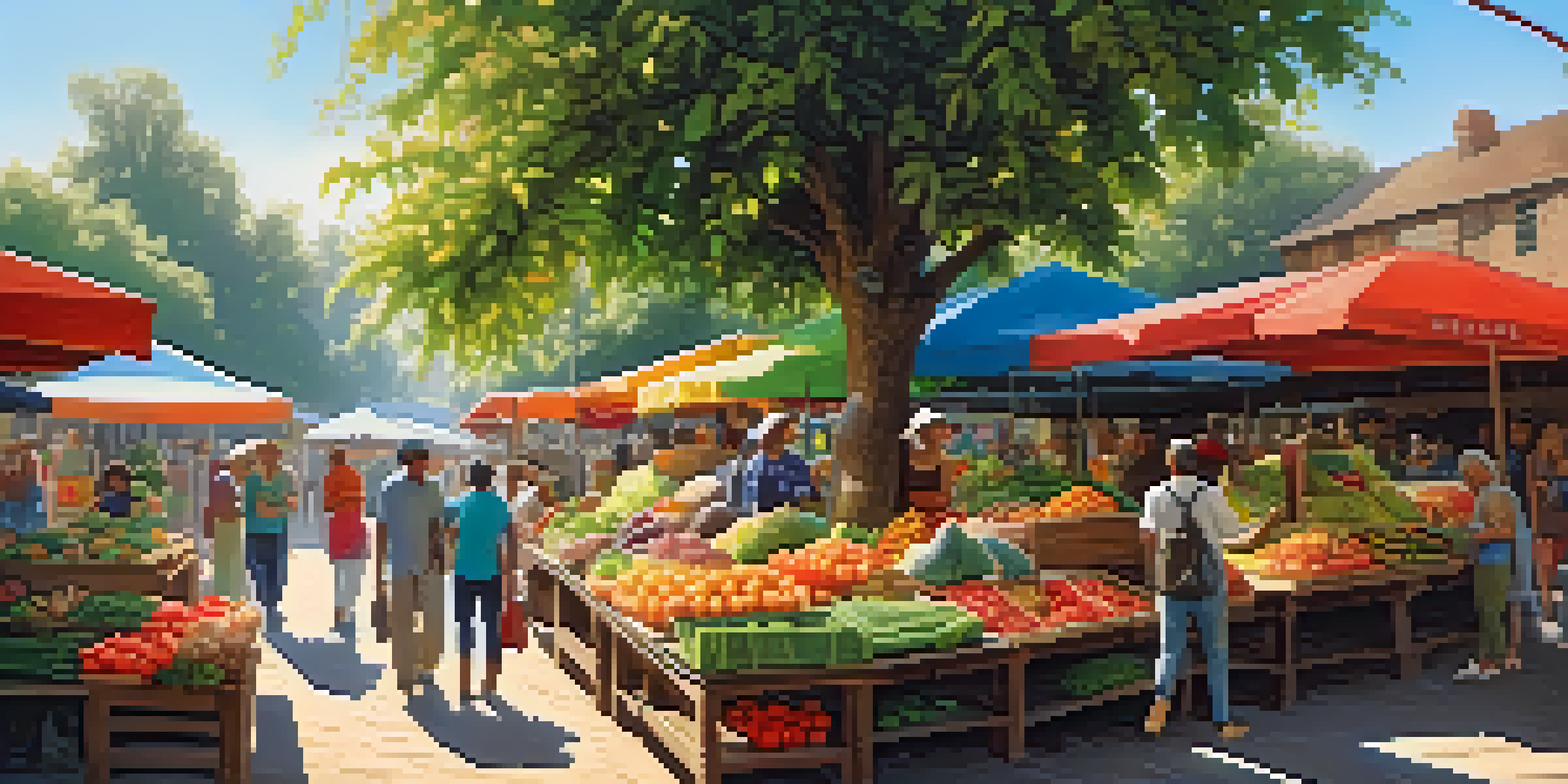 A bustling market filled with colorful fruits and vegetables, with diverse individuals enjoying plant-based foods in a sunlit environment.
