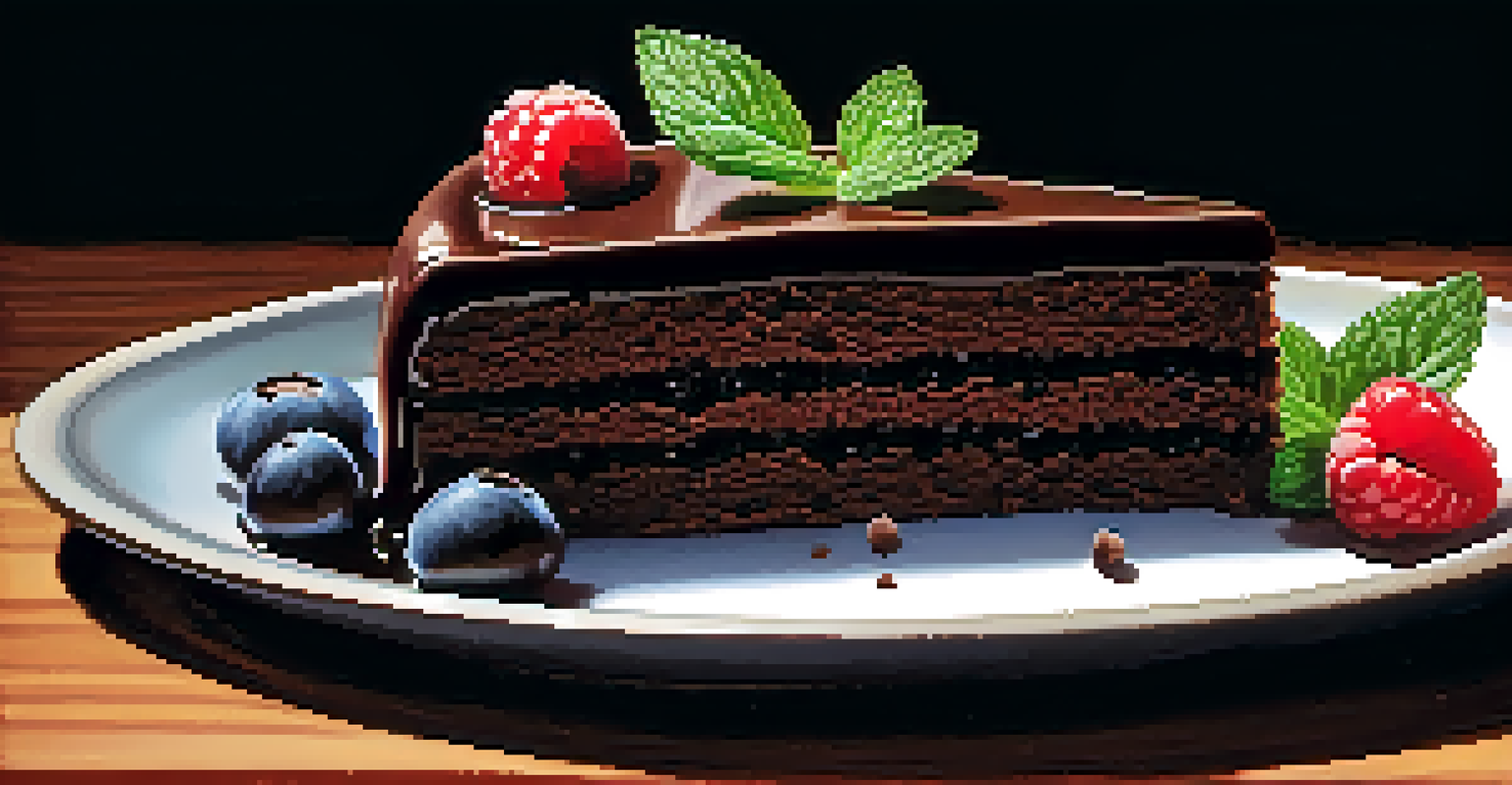 A slice of rich vegan chocolate cake topped with berries and mint on a dark background, illuminated by dramatic lighting.